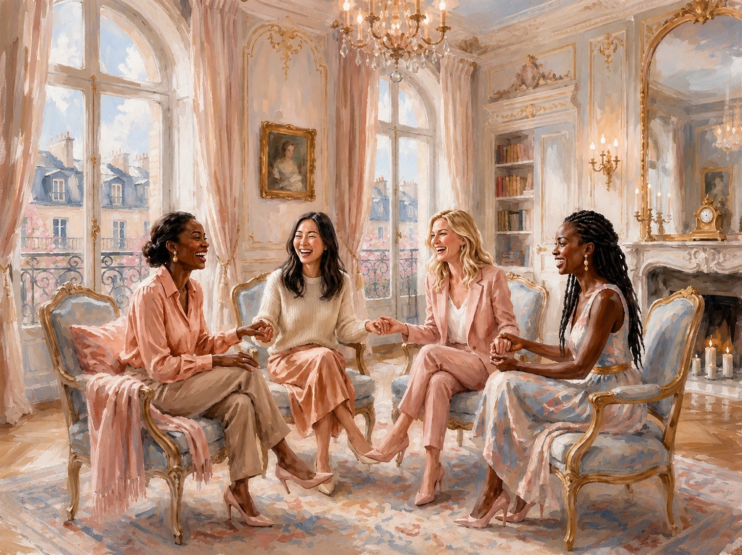 Four women laughing together, holding hands in an elegant Parisian salon