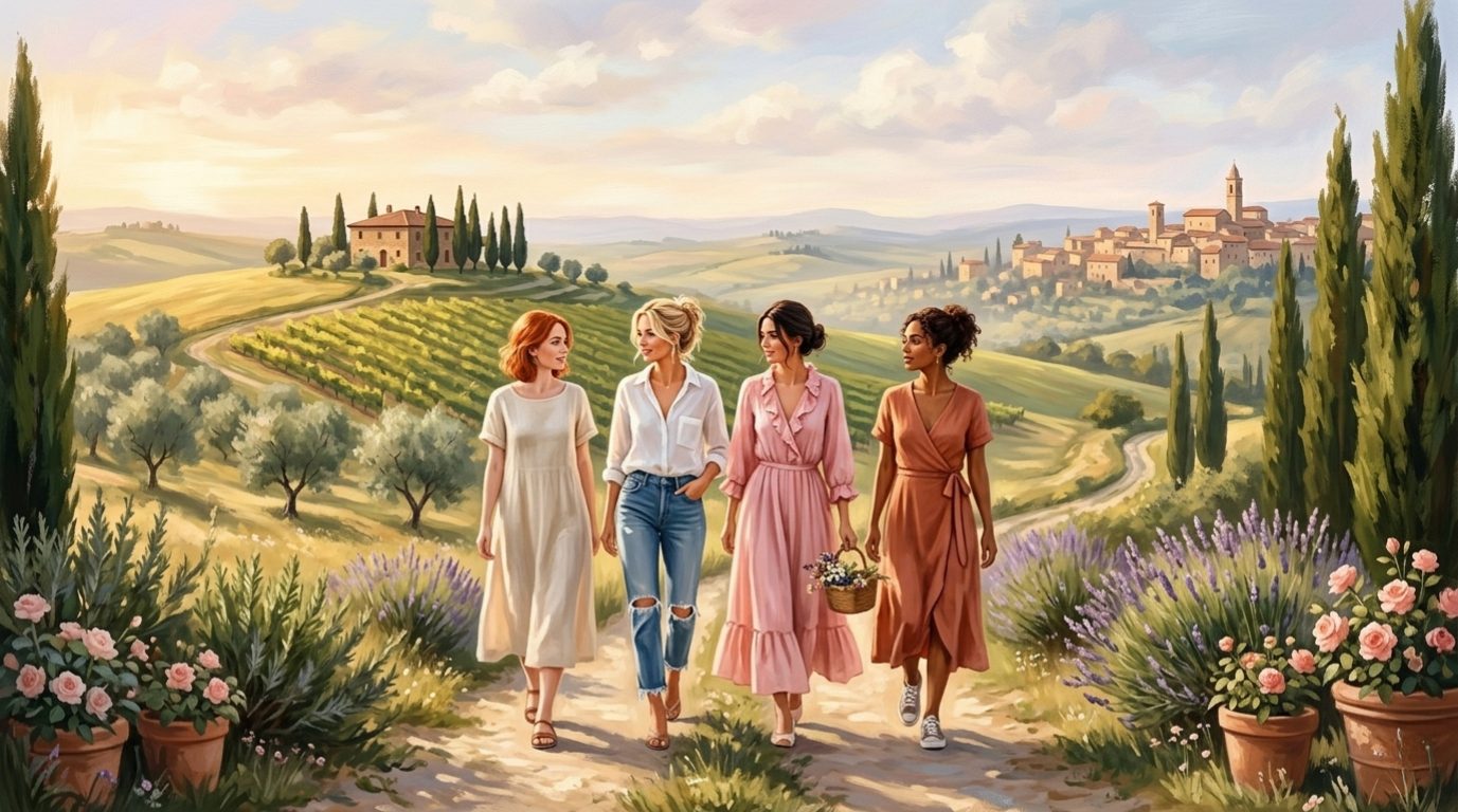 A group of women walking together through the Tuscan countryside at golden hour