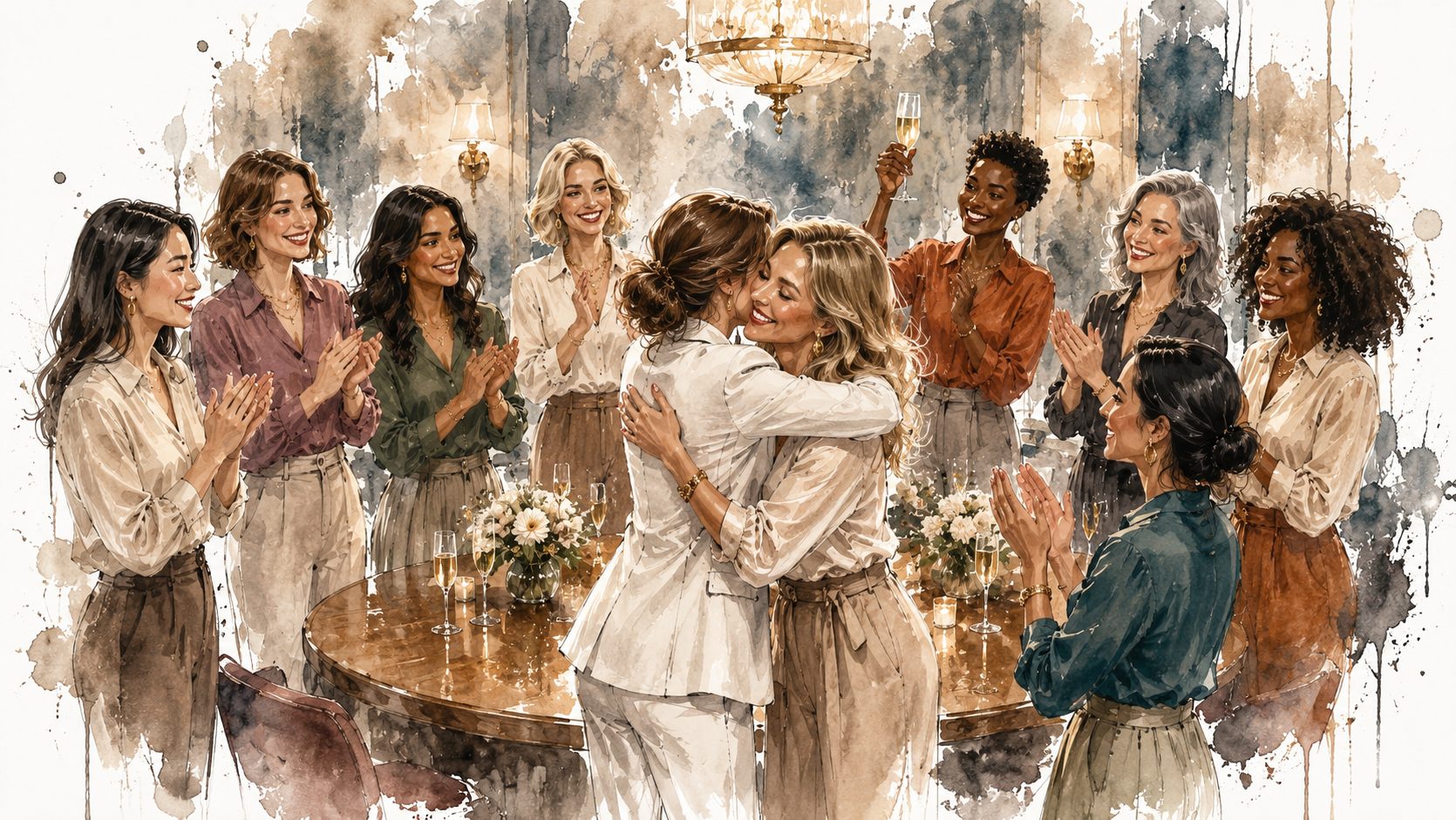 A group of diverse women embracing and celebrating together