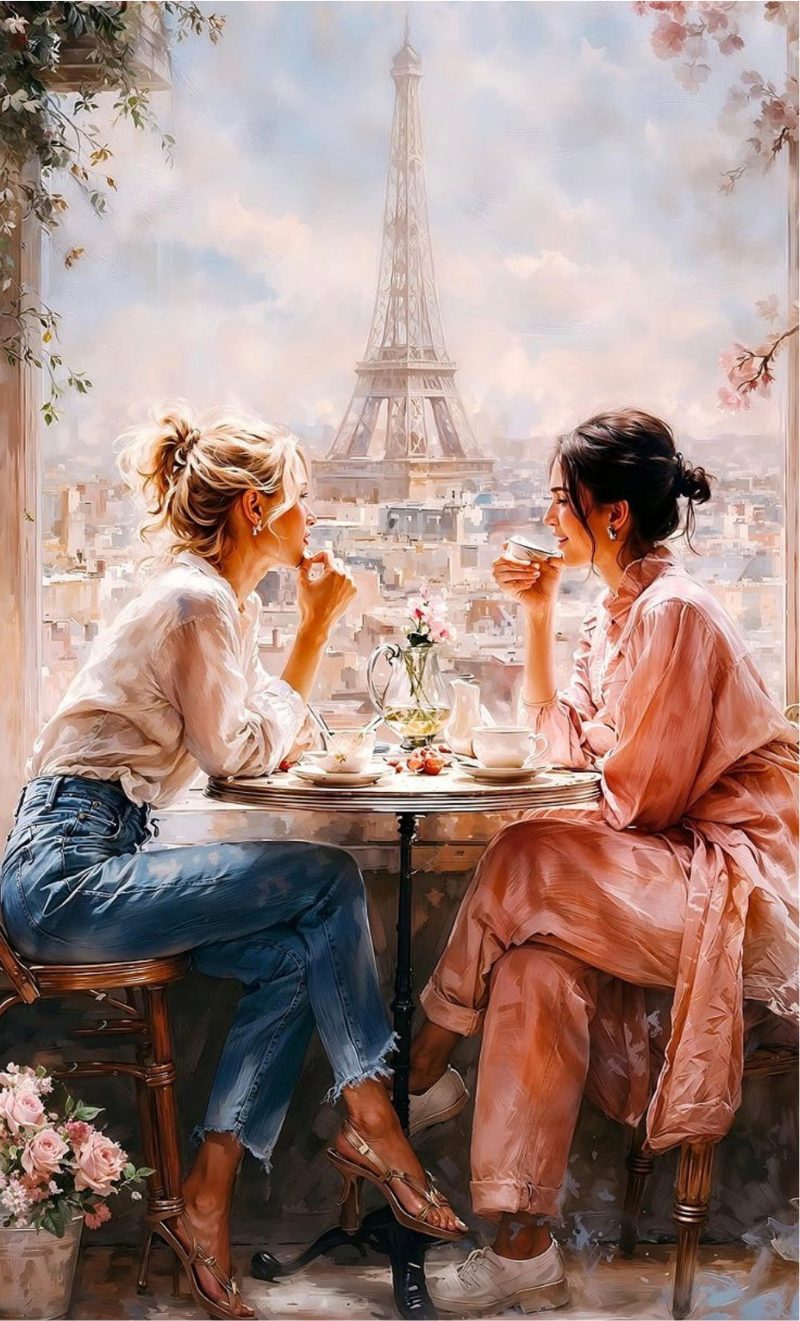Two women sharing coffee at a Paris café, the Eiffel Tower beyond